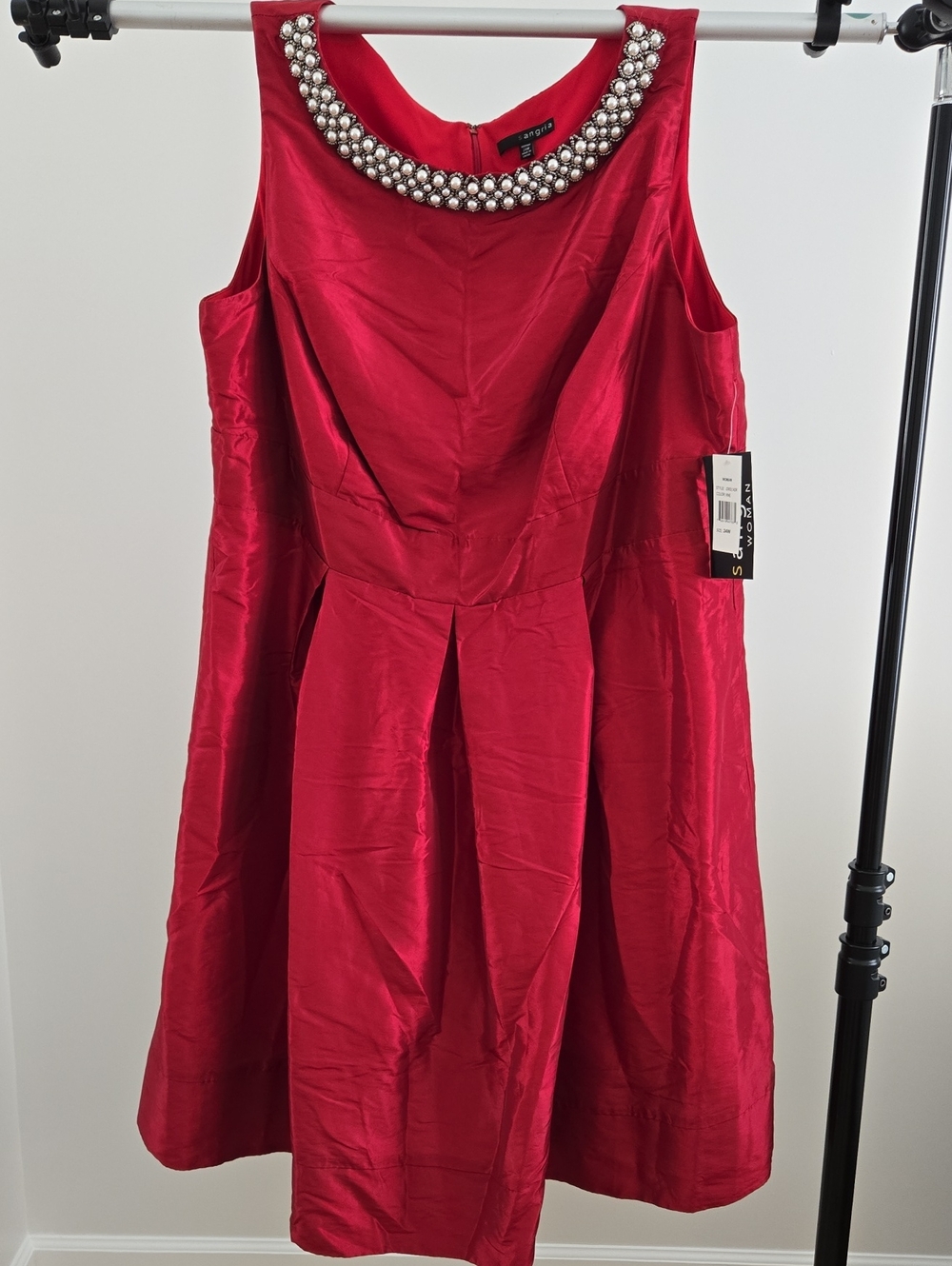 Sangria Red Sleeveless Fit-and-Flare Dress with Beaded Collar